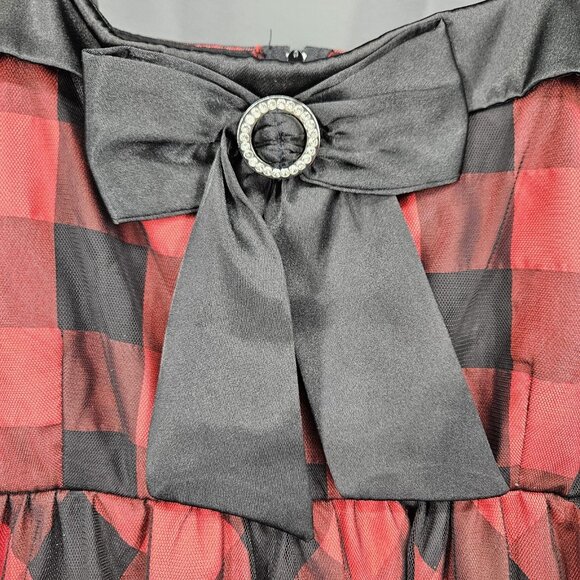 Secret Charm Dress Womens 16 Red Black Plaid Bow Rhinestone Party Cocktail Strap - Picture 3 of 12